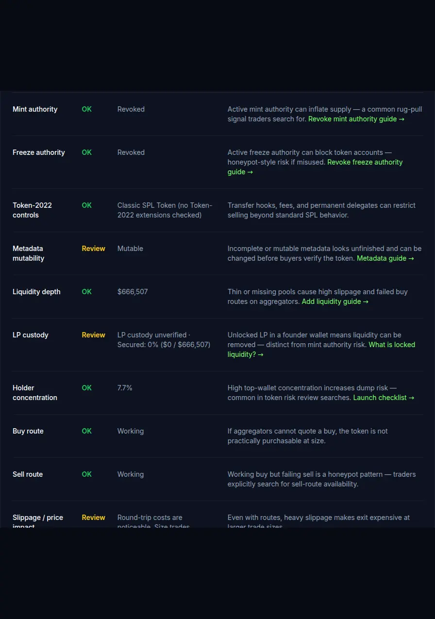 Launch Score page showing what was checked table for a Solana token
