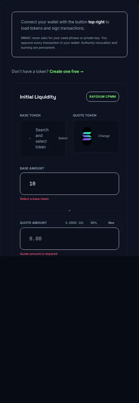 MakeMeACoin Raydium CPMM liquidity pool creation form