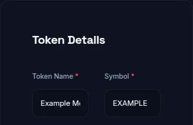 MakeMeACoin token creator form with example name and symbol fields filled in